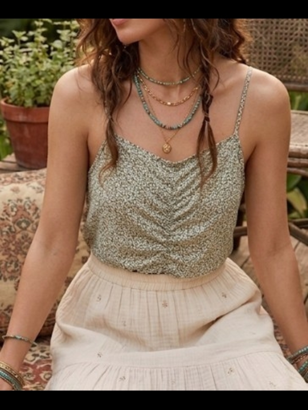 Floral Ruched Cowl Neck Spaghetti Strap Top - Sage Green (Sz L) Boho Prairie